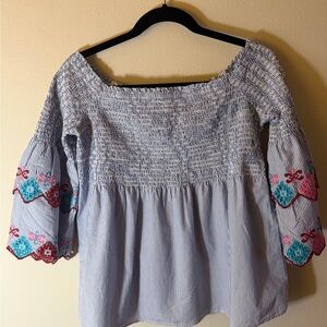 LOFT Blue Striped Off-Shoulder Embroidered Boho Blouse Top Size M